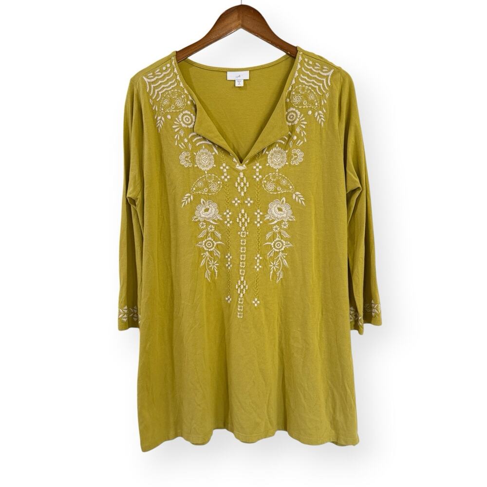 J Jill Chartreuse Embroidered Tunic Top M Tall 3/4 Sleeve V Neck Peasant Blouse
